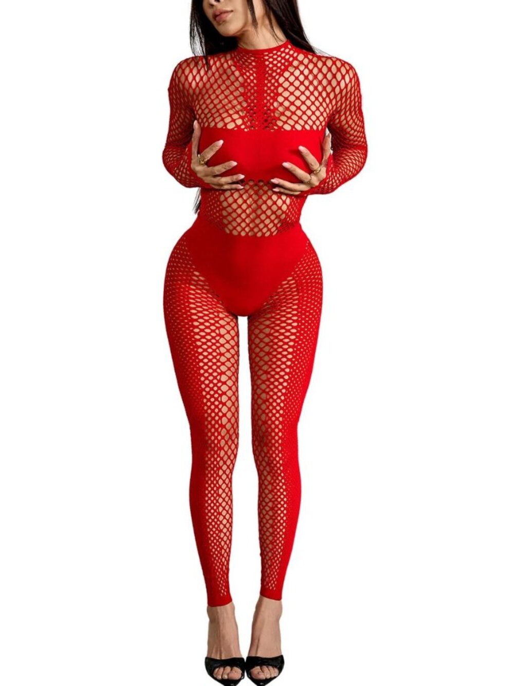 Sexy Fishnet Jumpsuit for Women Long Sleeve See Through Mesh Bodysuit Clubwear